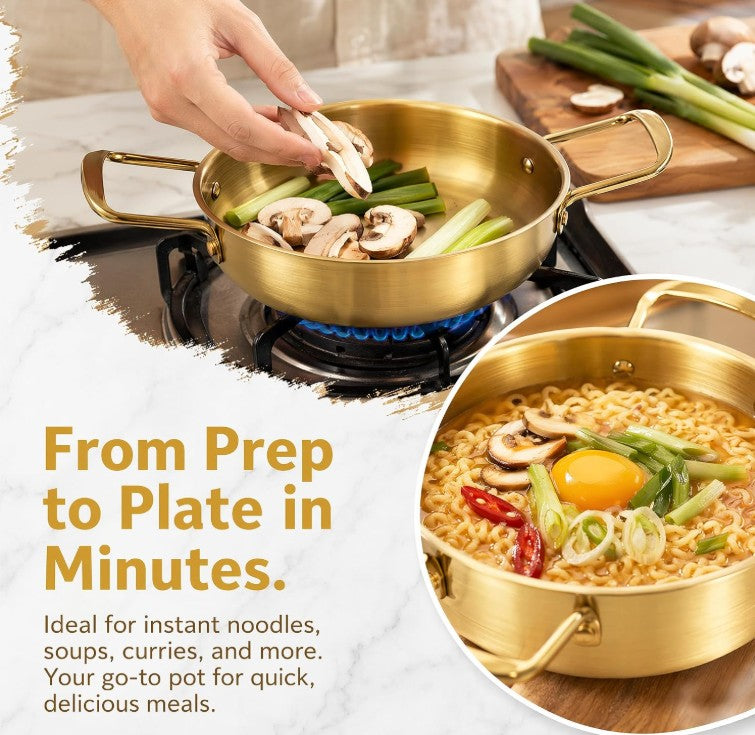 Set of 3 Korean Ramen Noodle Pot with Handles, Stainless Steel Everyday Pan, Golden Korean Cooking Pot for Soup, Noodle, Pasta, Home and Outdoor, Dishwasher Safe, Size 7", 8.7", 9.5"