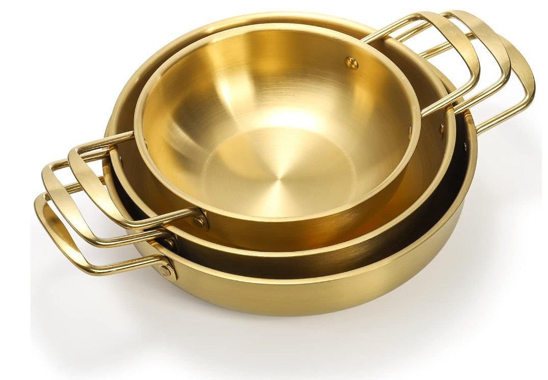 Set of 3 Korean Ramen Noodle Pot with Handles, Stainless Steel Everyday Pan, Golden Korean Cooking Pot for Soup, Noodle, Pasta, Home and Outdoor, Dishwasher Safe, Size 7", 8.7", 9.5"