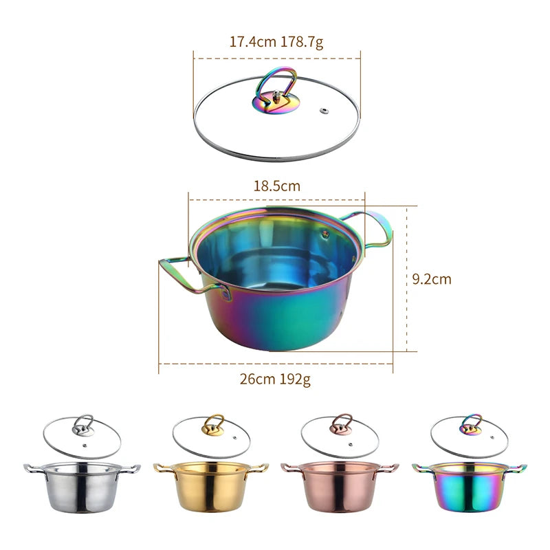 7inch Stainless Steel Gold Rainbow Silver Pots Pans Cookware with Glass Lid