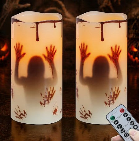 Halloween LED Colorful Skelton Zombie Skull White Flickering Flameless Spooky Faces Spiderweb Candles Battery Operated with Remote for Halloween Home Room Decor 1-6 Pack