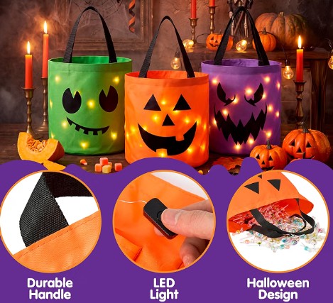 Halloween LED Pumpkin Orange Green Purple Reuseable LED Lamp Light Up Bucket Home Party Decoration for Safety for Trick or Treating