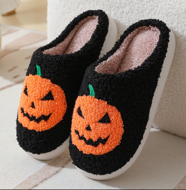 Pumpkin Ghost Heart Shape Pink Black Comfortable Plush Fun Cartoon Designed Non-Slip House Slippers Slides Shoes for Halloween Costume Footwear