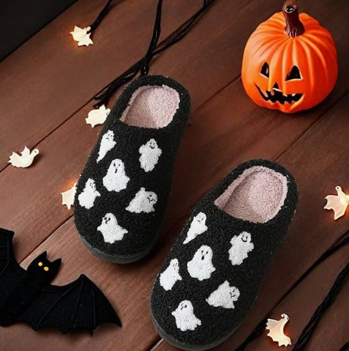 Smiley Face Pumpkin Ghost Halloween Comfortable Plush Cartoon White Black Designed Non-Slip House Slippers Slides Shoes