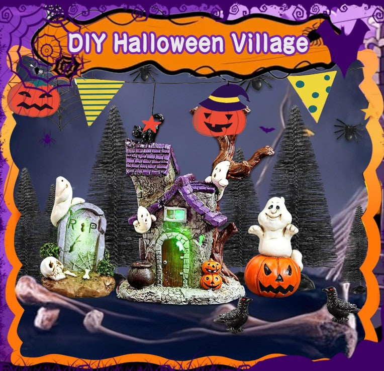 Halloween Ghost and Pumpkin House Statue Figurine Halloween Village Accessories Haunted House Decor Tombstone