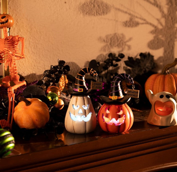 Pumpkin Halloween Decorations Indoor for Home, 2Pcs Resin Halloween Figurines with Light, White and Orange Jack o Lantern Decor