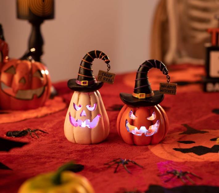 Pumpkin Halloween Decorations Indoor for Home, 2Pcs Resin Halloween Figurines with Light, White and Orange Jack o Lantern Decor