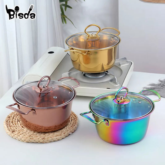 7inch Stainless Steel Gold Rainbow Silver Pots Pans Cookware with Glass Lid