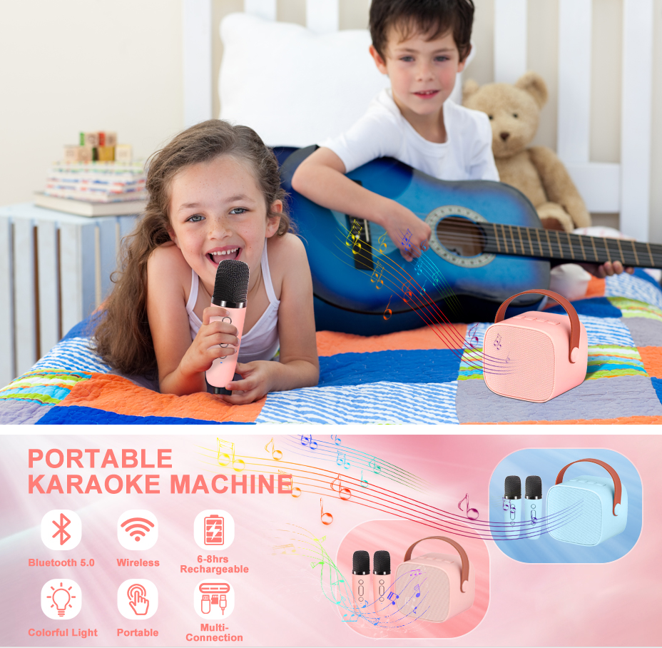 Mini Portable Bluetooth Karaoke Machine for Kids Adults with Two Microphones with Carry Case Options