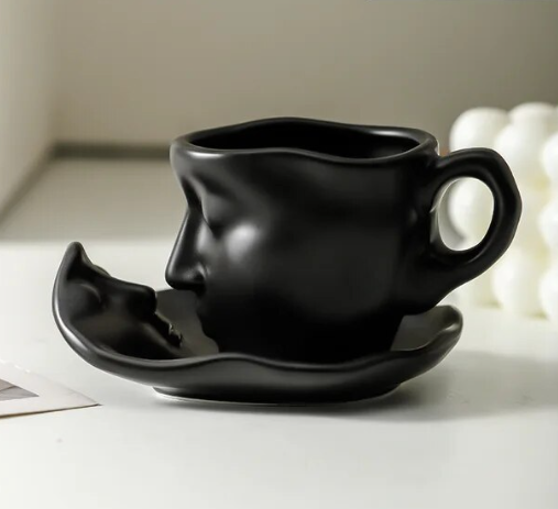 Creative Kissing Face Black White Silver Ceramic Coffee and Teacup Mug