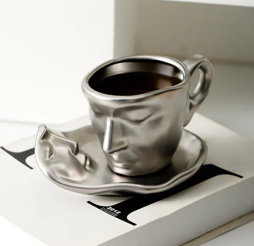 Creative Kissing Face Black White Silver Ceramic Coffee and Teacup Mug