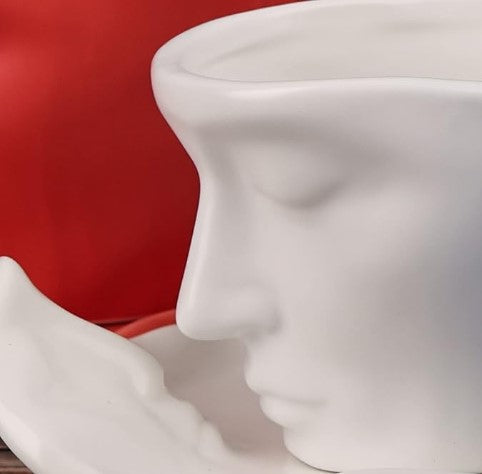 Creative Unique Kissing Face Black White Silver Ceramic Coffee and Teacup Mug with Saucer and Spoon Set