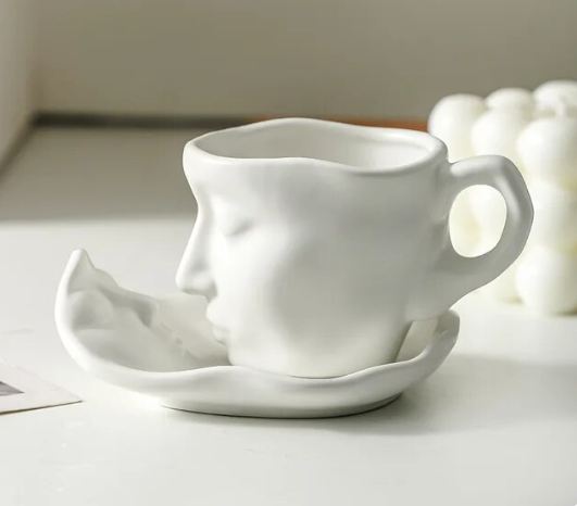 Creative Kissing Face Black White Silver Ceramic Coffee and Teacup Mug