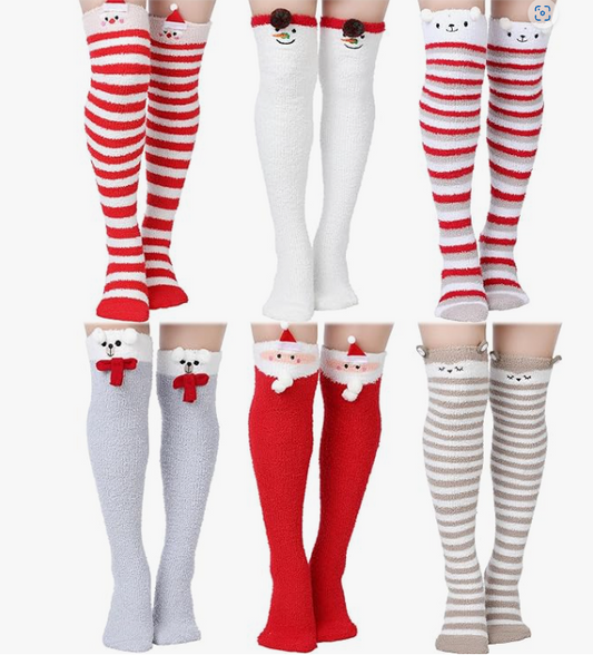 Fun Women Christmas Thigh High Fuzzy Socks Cute Cartoon over Knee Fluffy Striped Stockings Winter Leg Warmers