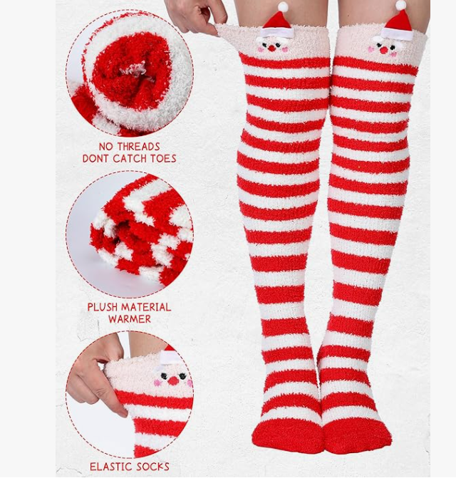 Fun Women Christmas Thigh High Fuzzy Socks Cute Cartoon over Knee Fluffy Striped Stockings Winter Leg Warmers