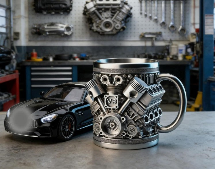 Unique V8 Engine Tools Tires Spark Plug Diesel Fuel Designed Coffee Tea Mug for Car Enthusiasts, 3D Metal Mechanical Design, Stainless Steel, Novelty Gift for Mechanics and Car Truck Fans