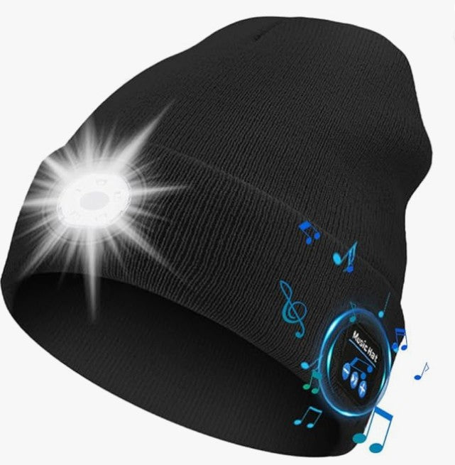 LED Lighted Bluetooth Beanie Hat, USB Rechargeable 4 LED Wireless Music Running Headlamp Cap for Men Women and Kids