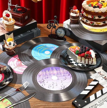 Musical Theme Vinyl Record Table Place Mats and Coasters for Food and Drinks