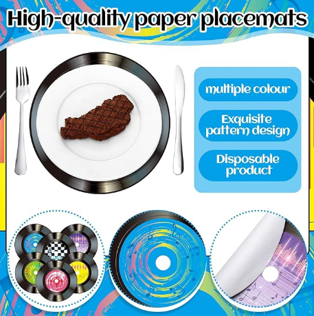 Musical Theme Vinyl Record Table Place Mats and Coasters for Dining Food and Drinks