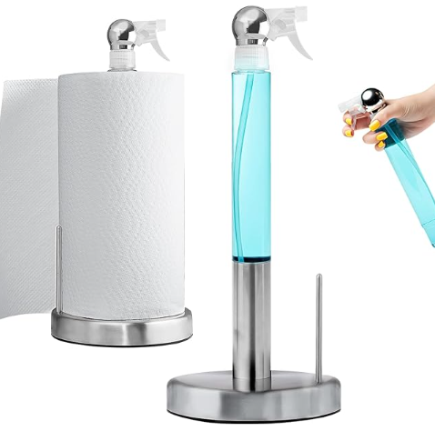 2 in 1 Silver Black Paper Towel Holder with Spray Bottle Inside for Easy Cleaning