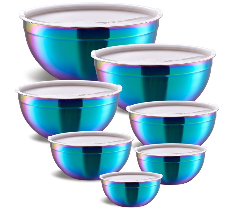 5-piece Rainbow Iridescent Stainless Steel Mixing Baking and Cooking Bowls with Lids