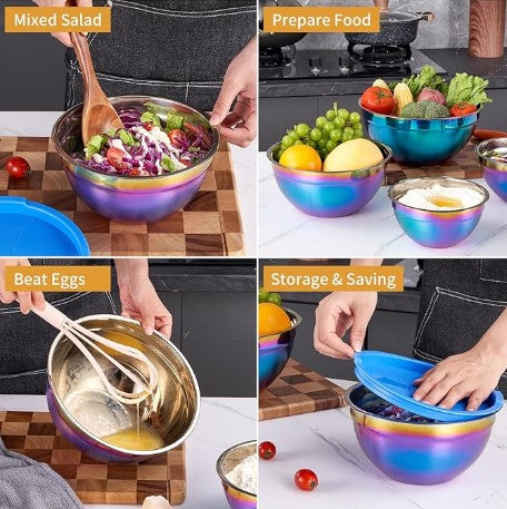 8-piece Rainbow Iridescent Metal Stainless Steel Mixing Baking and Cooking Bowls with Color Lids