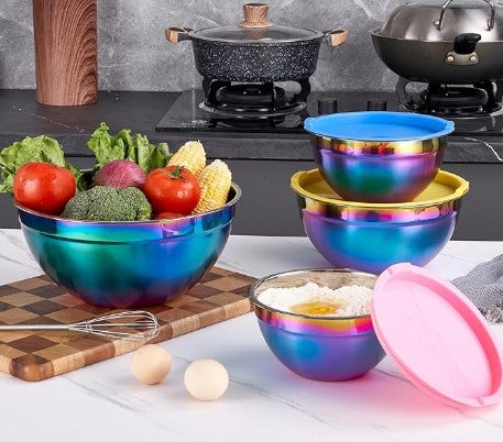 8-piece Rainbow Iridescent Metal Stainless Steel Mixing Baking and Cooking Bowls with Color Lids