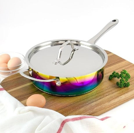 8 Piece Rainbow Iridescent Stainless-Steel Non-Stick Cookware Pots Pans Set with Kitchen Utensils