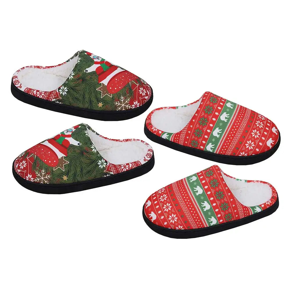 Cute Soft Plush Fur Non-Slip Cartoon Red and Green Christmas House Slip on Slippers for Men and Women Kids