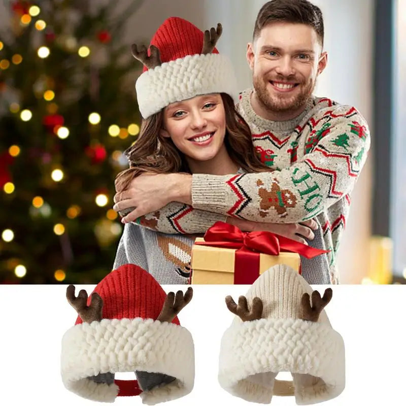 Warm Soft Christmas Knitted Winter Beanie Reindeer Antler Hat for Adults Kids Men Women