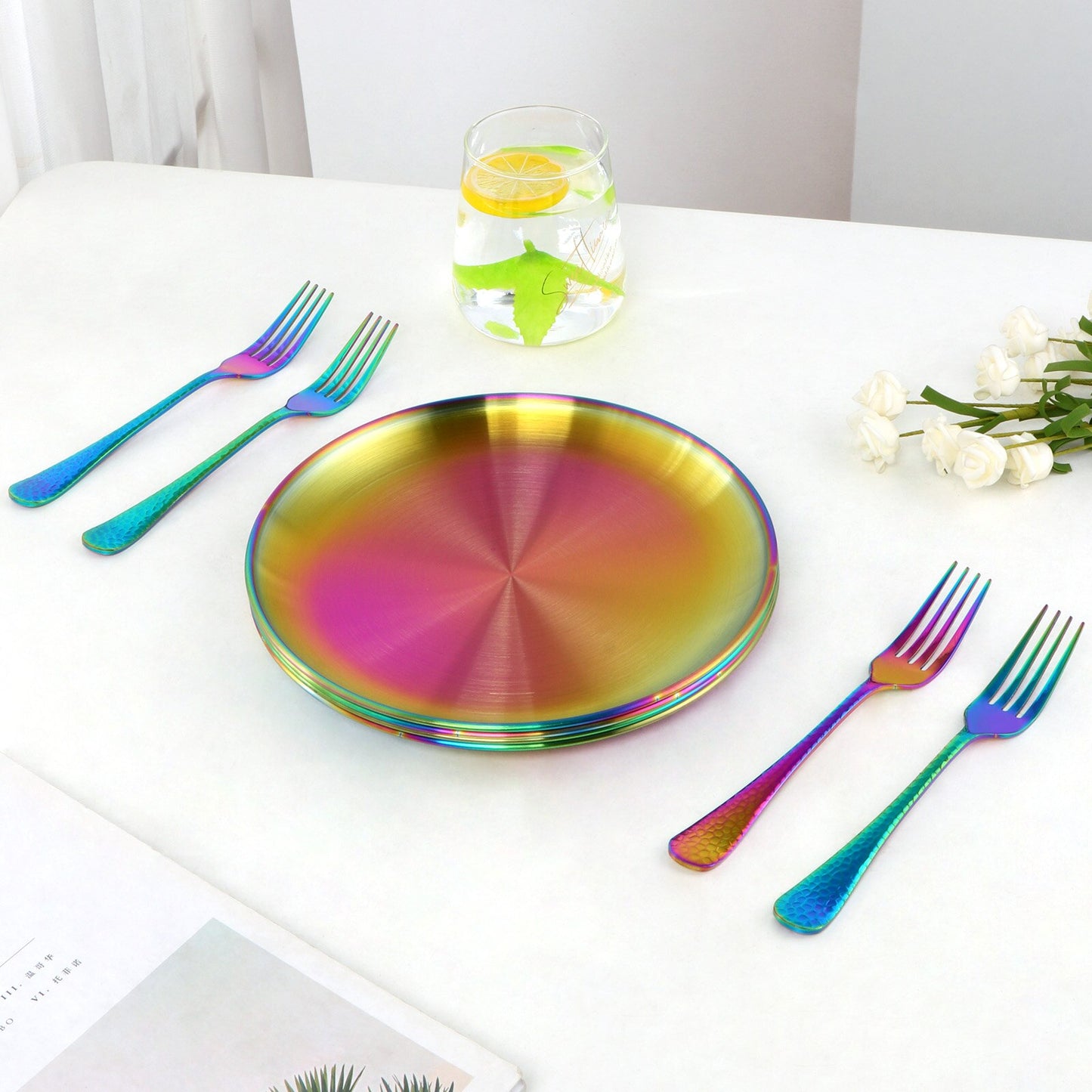 2-8pc Stainless Steel Rainbow Dinner Plates Cookware with Matching Utensils