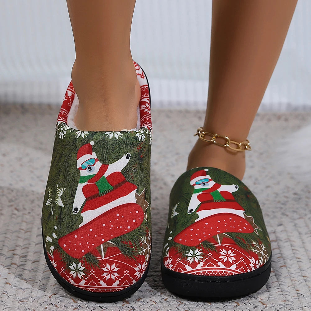 Cute Soft Plush Fur Non-Slip Cartoon Red and Green Christmas House Slip on Slippers for Men and Women Kids