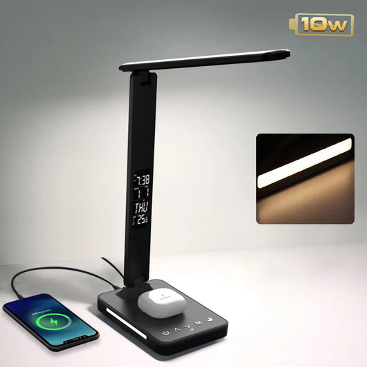 Wireless Charging LED Desk Lamp with Calendar Temperature and Alarm Clock