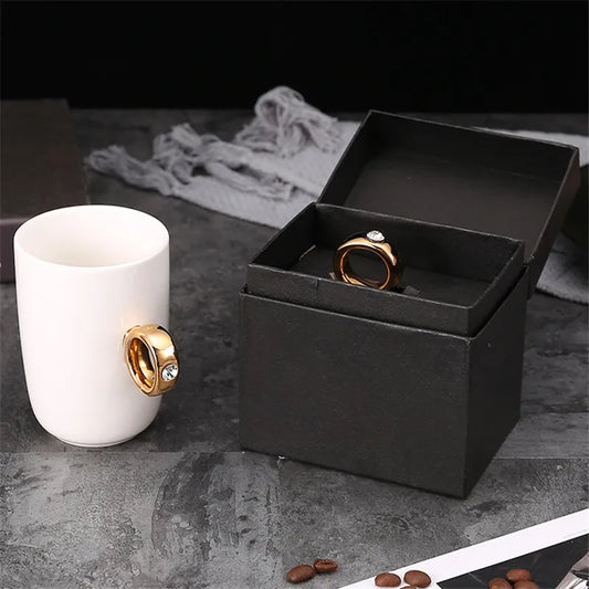 Exquisite Unique Diamond Ring Handle Ceramic Coffee Teacups Mugs