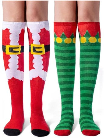 Fun Women Christmas Santa Elf Thigh High Fuzzy Stripped Red Green Socks Cute Cartoon over Knee Fluffy Striped Stockings Winter Leg Warmers