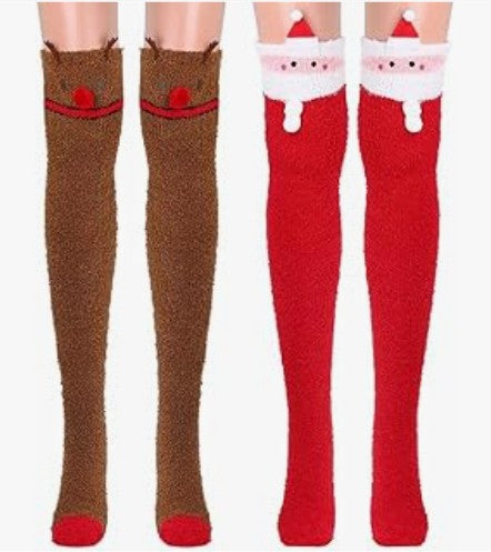 Fun Women Christmas Santa Elf Thigh High Fuzzy Stripped Red Green Socks Cute Cartoon over Knee Fluffy Striped Stockings Winter Leg Warmers