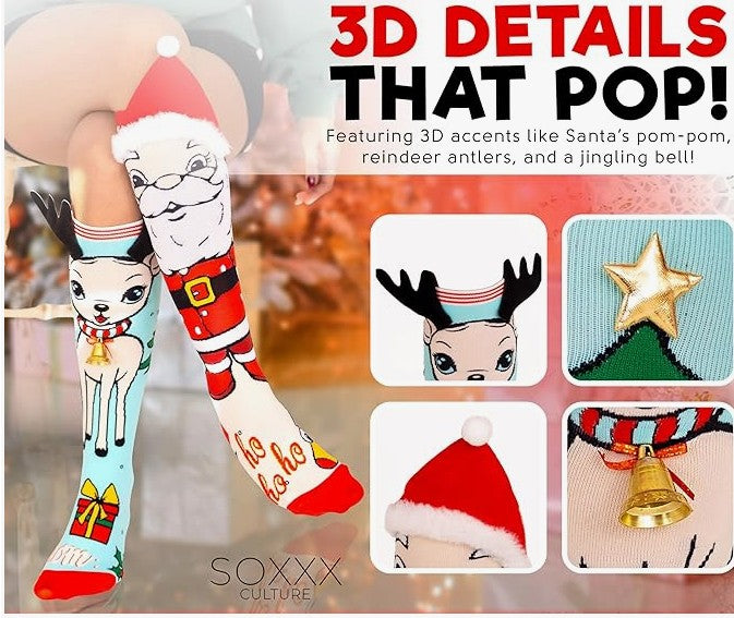 Fun Christmas Knee High Novelty Socks with Santa Snowman for Kids Adults Men Women