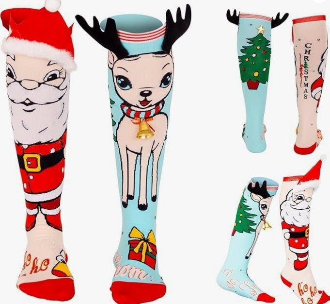 Fun Christmas Knee High Novelty Socks with Santa Snowman for Kids Adults Men Women