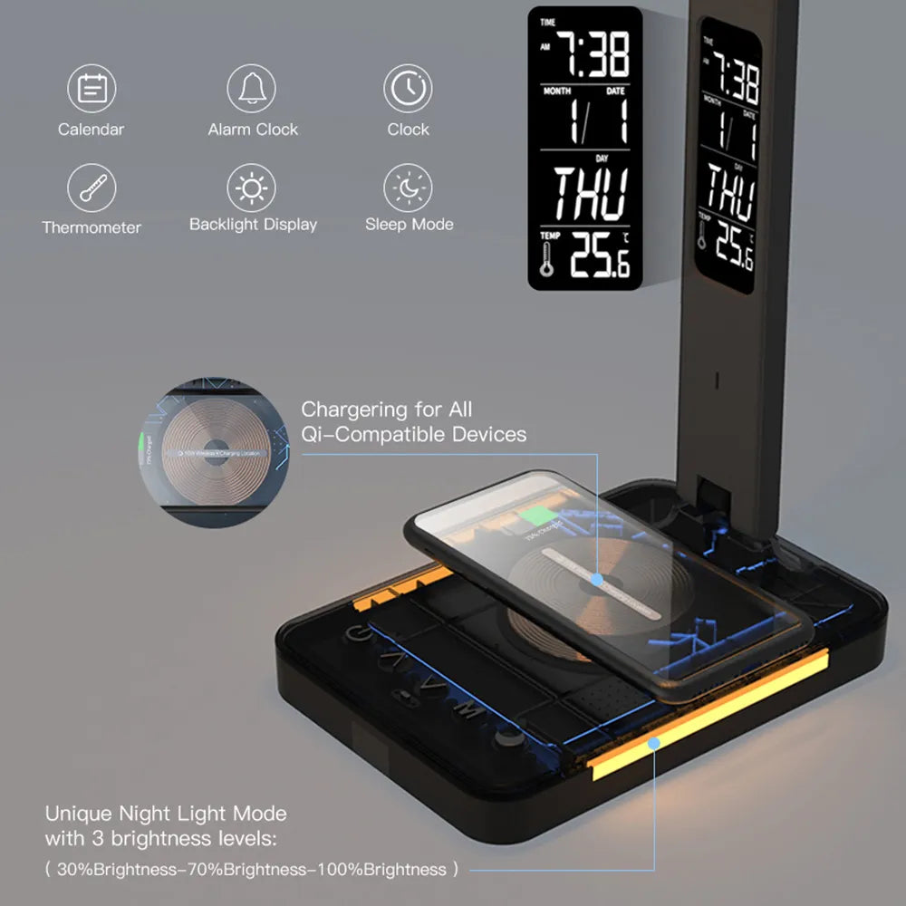 Wireless Charging LED Desk Lamp with Calendar Temperature and Alarm Clock