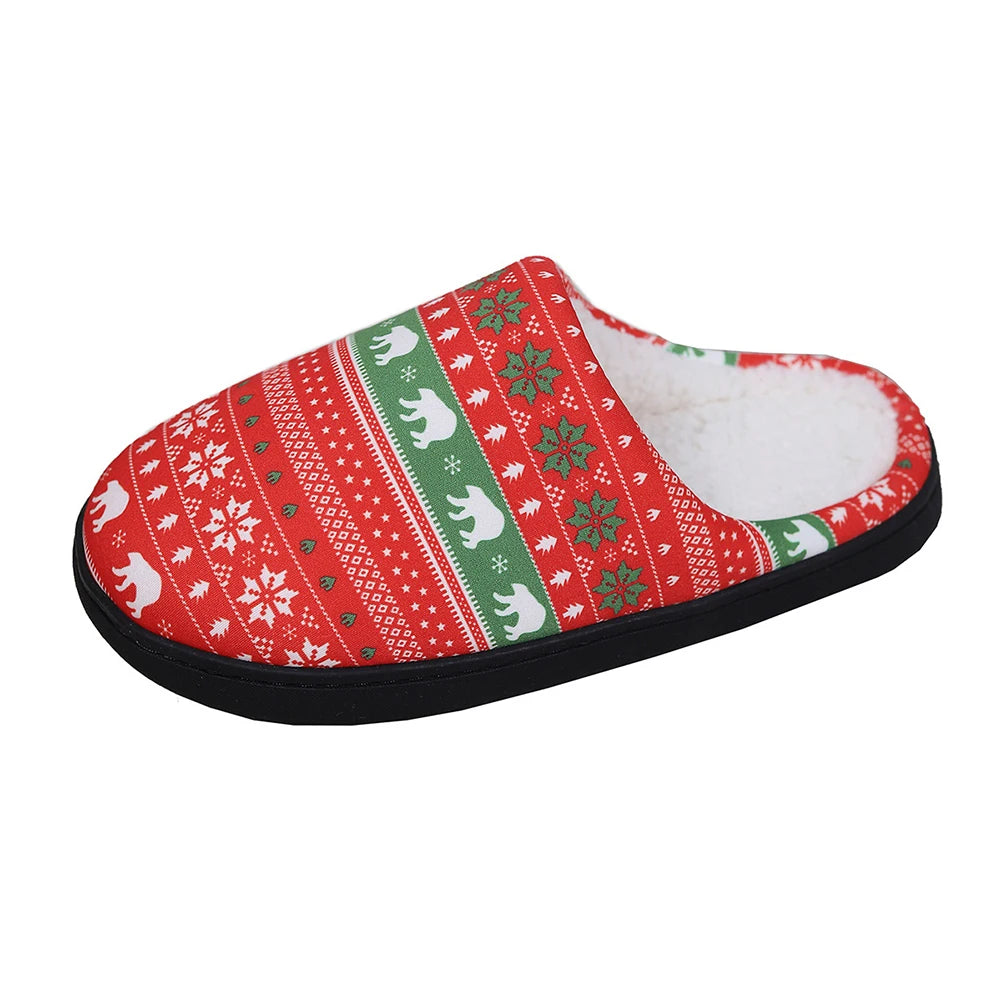 Cute Soft Plush Fur Non-Slip Cartoon Red and Green Christmas House Slip on Slippers for Men and Women Kids