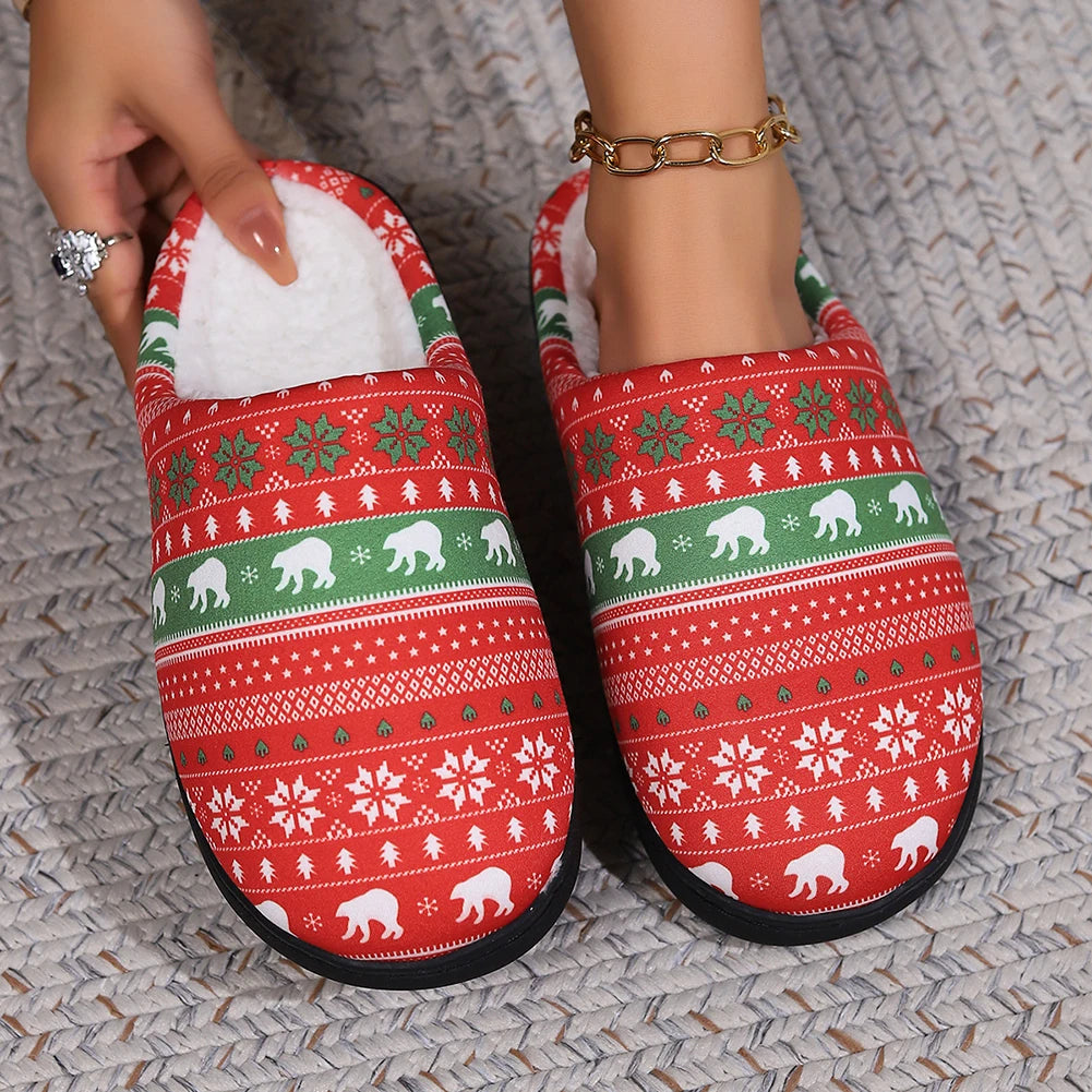 Cute Soft Plush Fur Non-Slip Cartoon Red and Green Christmas House Slip on Slippers for Men and Women Kids