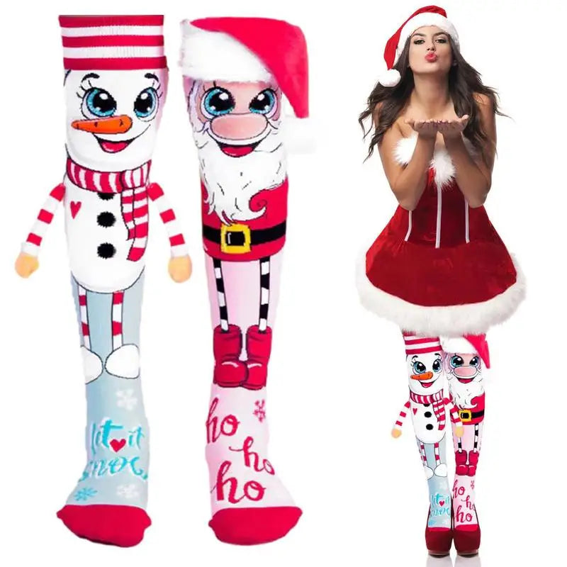 Fun Christmas Knee High Novelty Socks with Santa Snowman for Kids Adults Men Women