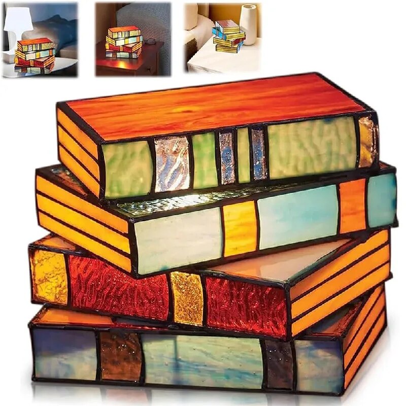 Stained Resin Stacked Books Creative Novelty Ornament Nook Desk Night Lamp