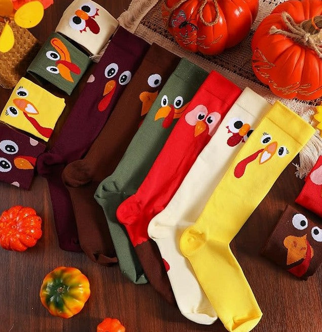 Fun Christmas Thanksgiving Knee High Novelty Mismatch Socks with Santa Snowman for Kids Adults Men Women