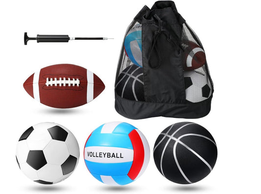 4 Pcs Sport Balls Set Official Size Athletic Balls Include Soccer, Football, Basketball, Volleyball for Indoor Outdoor Game Activities with Mesh Bag and Pump