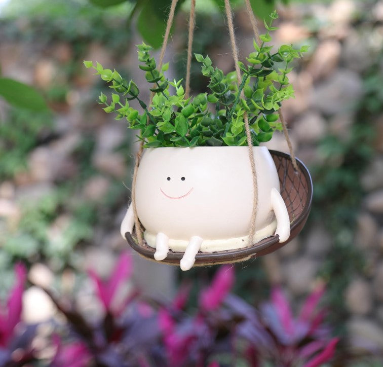 Unique Hanging Indoor Outdoor Resin Swinging Smiley Face Planter Pots Head with Drainage Hole