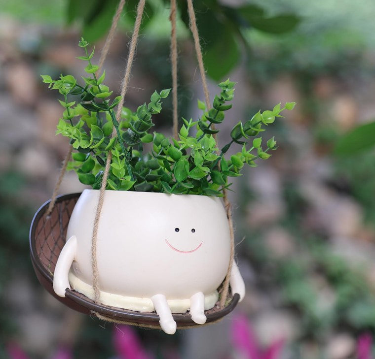 Unique Hanging Indoor Outdoor Resin Swinging Smiley Face Planter Pots Head with Drainage Hole