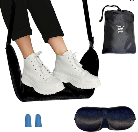 Airplane Bus Car Travel Foot Hammock with Sleep Mask and Earplug with Travel Bag Combo