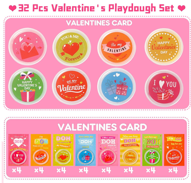 Valentines Day Cards for Kids with Playing Dough 32 Pack