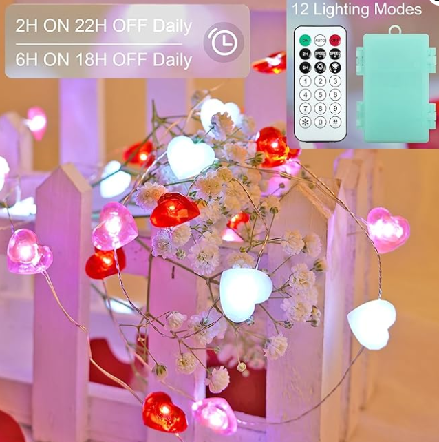 Valentines Day Decor Red White Pink Heart Battery operated String Garland Lights