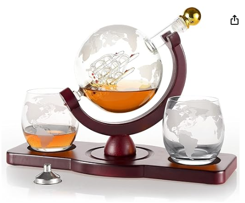 Globe Decanter Ship Designed Glass Bottle Set with 2 Glasses and Tray